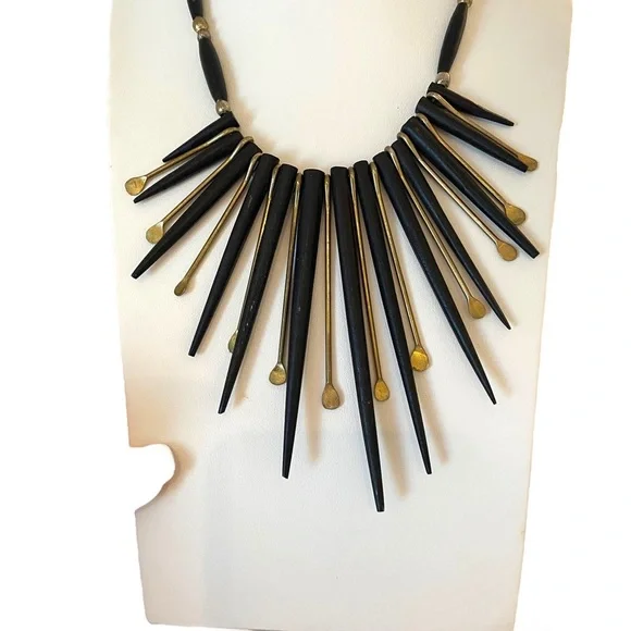 Vintage ebony wood black gold spikes kinetic statement necklace brutalist
